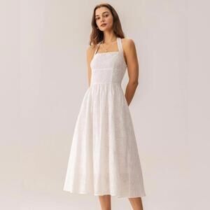 RIHOAS White Embroidery Halter Midi Dress XS